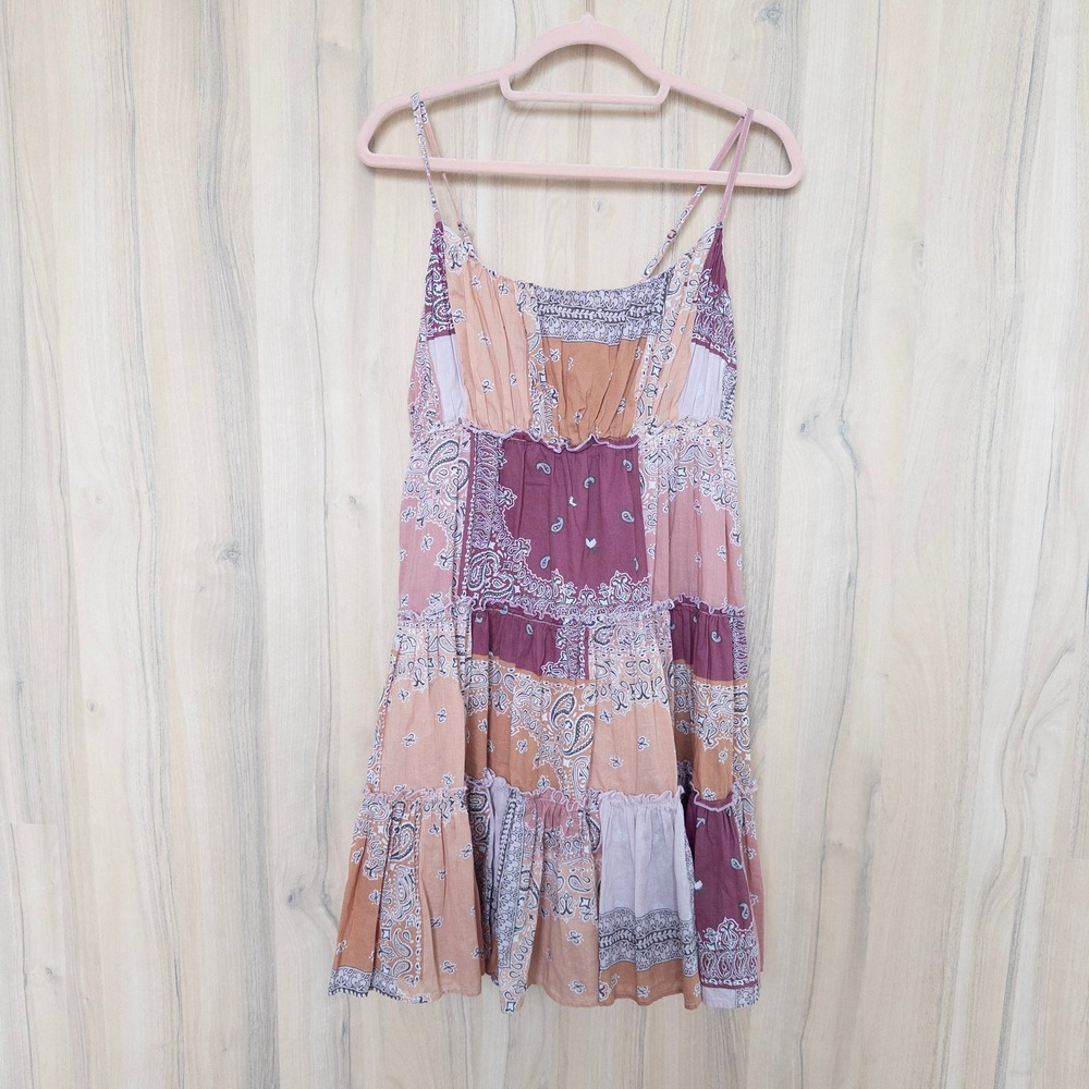 Lucky Brand Patchwork Mini Dress XS Pink Paisley Bandana Tiered Western Boho